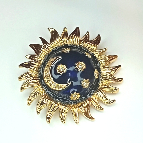 unknown Jewelry - Sunflower blue enamel brooch or pendant with moon & stars